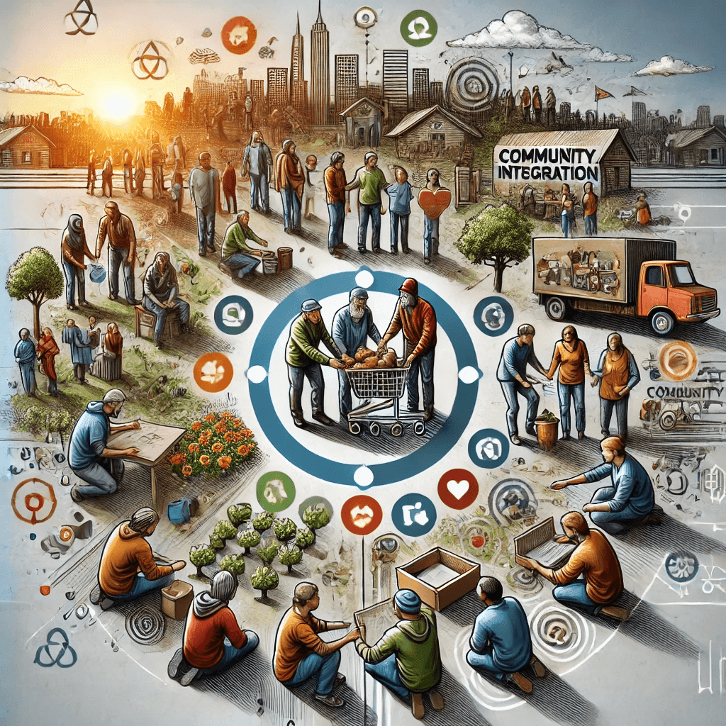 Illustration showing various community integration activities, including gardening, food distribution, and group discussions.