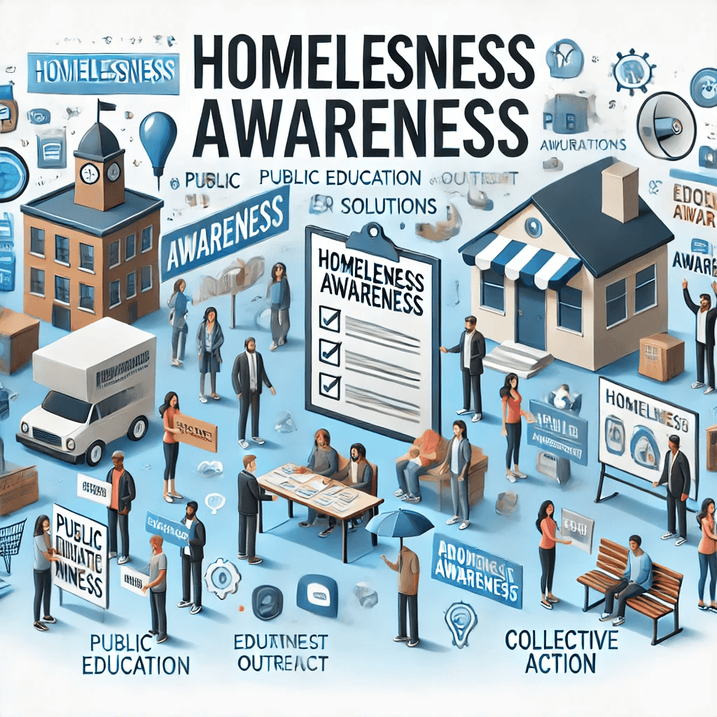 Illustration of homelessness awareness with people participating in educational and outreach activities, surrounded by related icons.