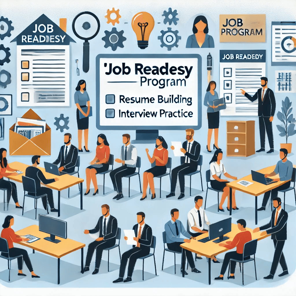 Illustration of a job readiness program with people participating in resume building and interview practice sessions.